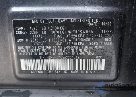 2010 Subaru Outback 3.6R Limited z USA, uszkodzony, nr VIN 4S4BRDKC5A2331512